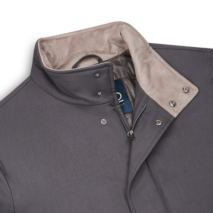Grey Melange Twill Car Coat with Suede effect collar