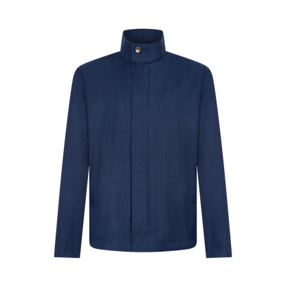 The Herno Navy Wool/Silk/Linen Loro Piana Storm System Car Coat for men features a high collar, single neck button, concealed front closure, and minimalist design with no visible pockets. Inspired by the classic Loro Piana coat, shown on white. , available at Richard Gelding Mayfair