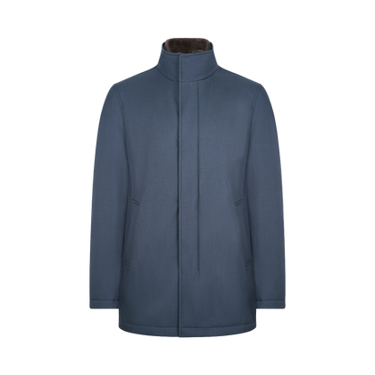 Navy Blue Melange Twill Coat with Faux Fur Collar