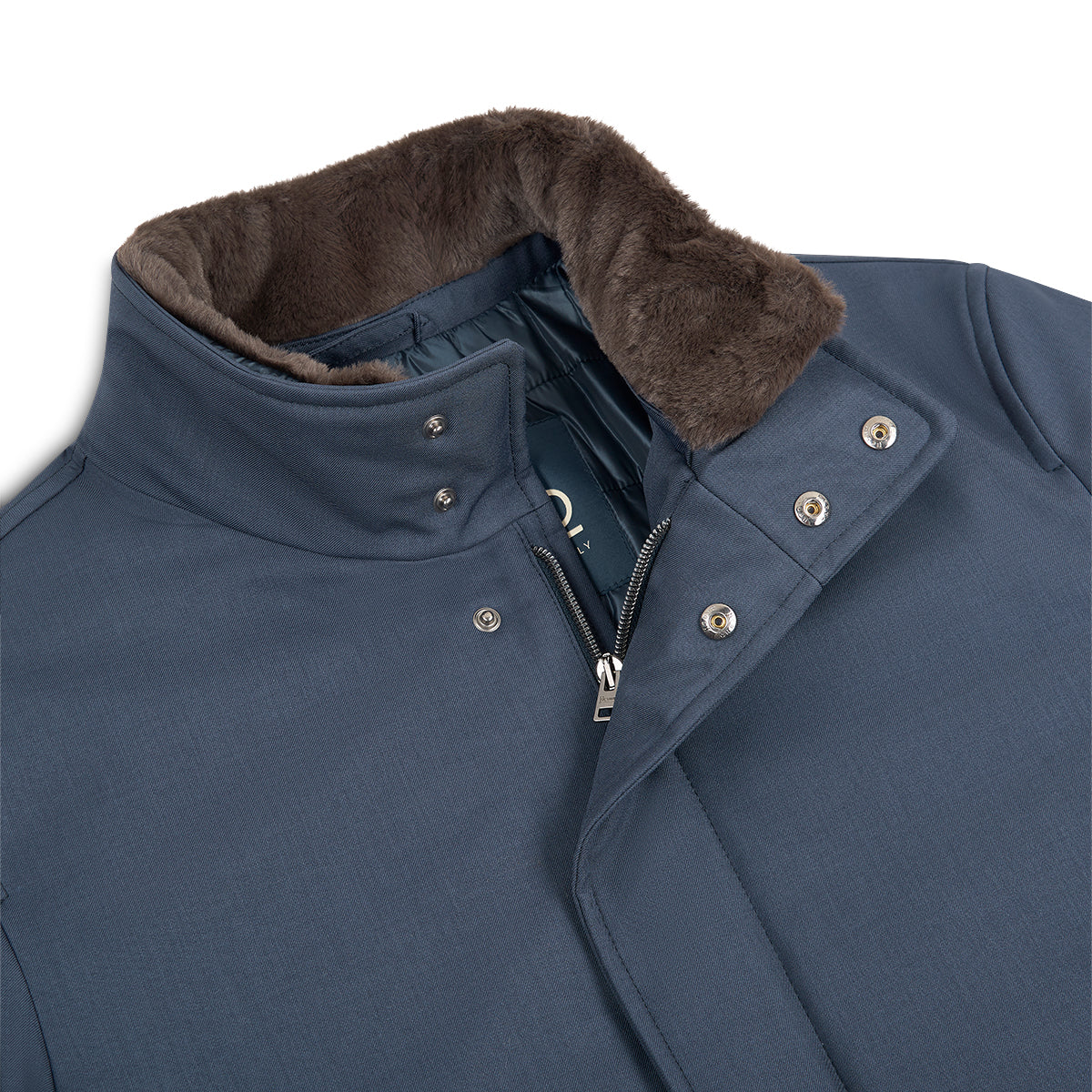 Navy Blue Melange Twill Coat with Faux Fur Collar