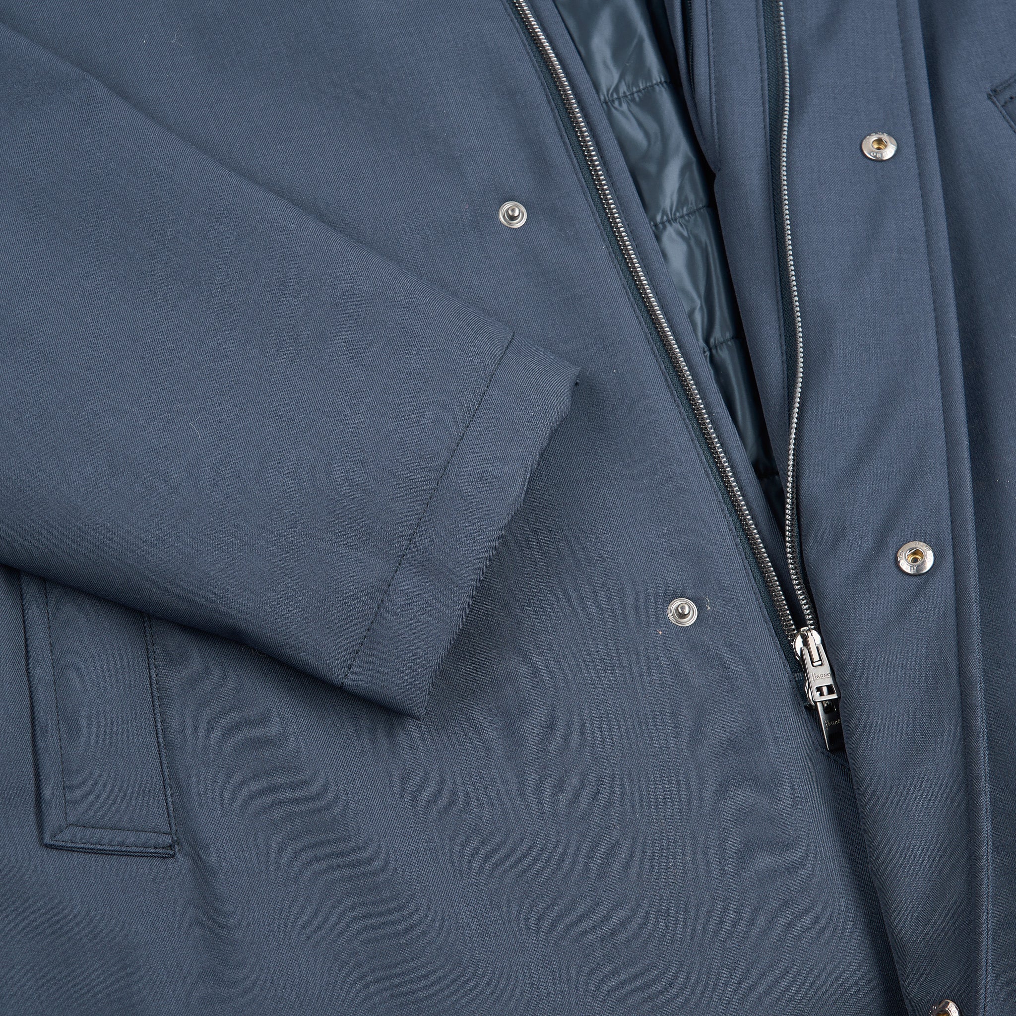 Navy Blue Melange Twill Coat with Faux Fur Collar