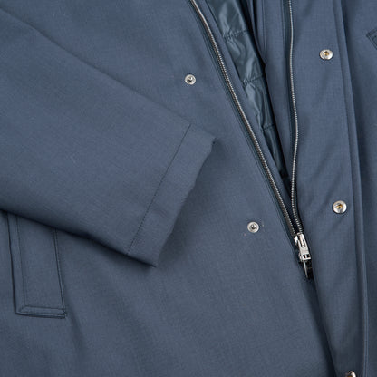 Navy Blue Melange Twill Coat with Faux Fur Collar