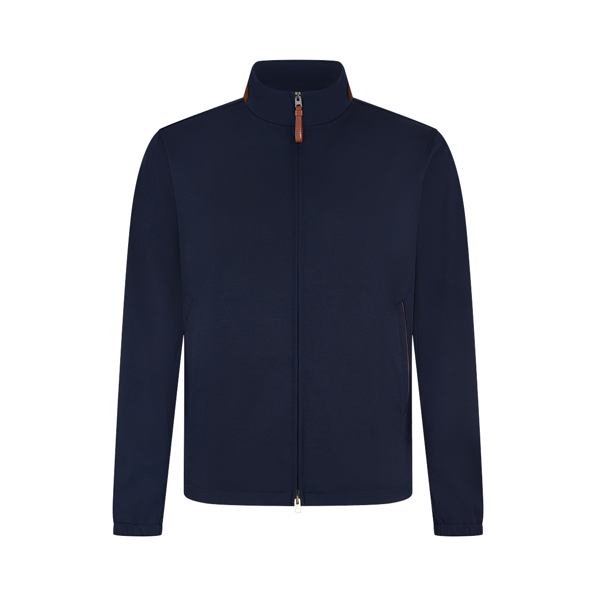 The Manto Navy Loro Piana Wool/Silk Rain System Asiago Blouson features a high collar, front zipper, long sleeves, and subtle brown accents for a minimalist look. Crafted from a luxurious wool and silk blend. , available at Richard Gelding Mayfair