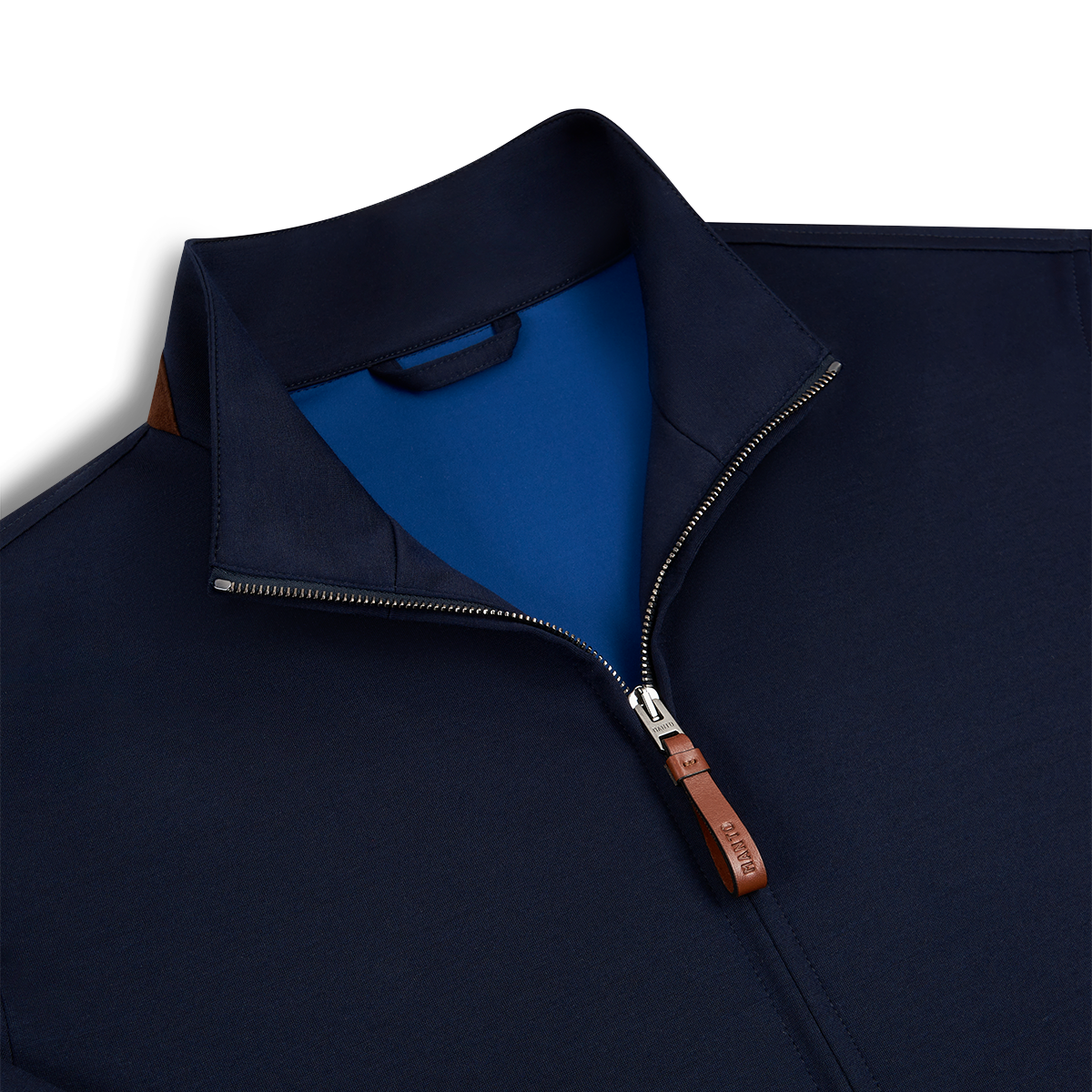 A close-up of the Manto Navy Loro Piana Wool/Silk Rain System Asiago Blouson, featuring a blue inner collar, silver zipper with brown leather pull, and a brown accent on the back collar, shown against a white background. , available at Richard Gelding Mayfair