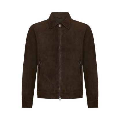 The Manto Chocolate Brown Strozzi Zip Suede Blouson features a pointed collar, front zipper, side zippered pockets, and ribbed cuffs and hem. This men's jacket has a clean, tailored look and is shown against a plain white background. , available at Richard Gelding Mayfair