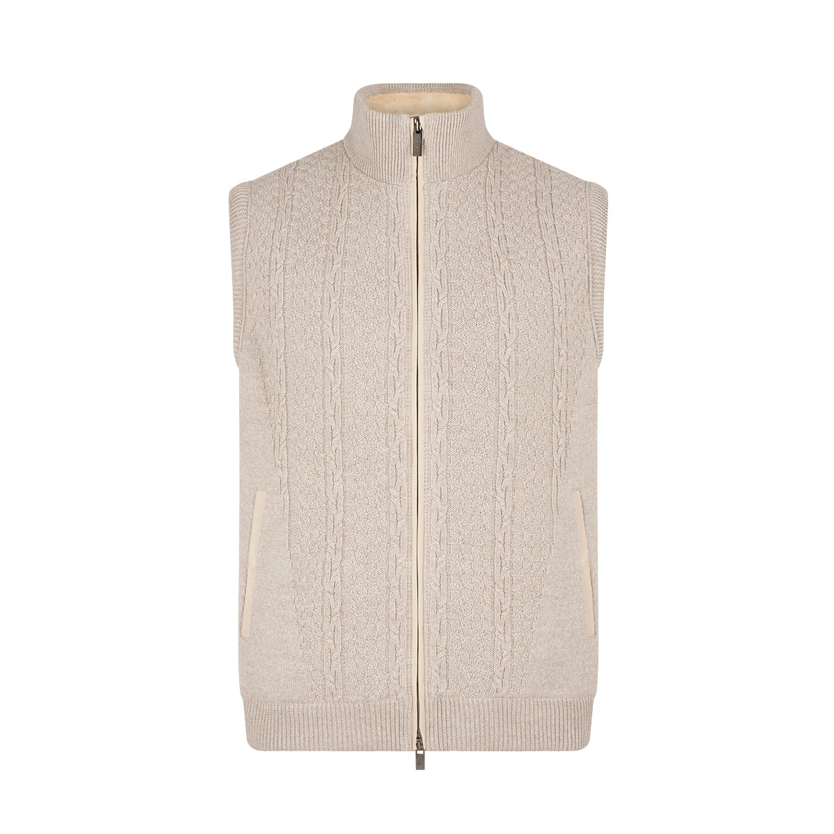 Beige Wool Blend Cable Knit Gilet with Shearling Lining