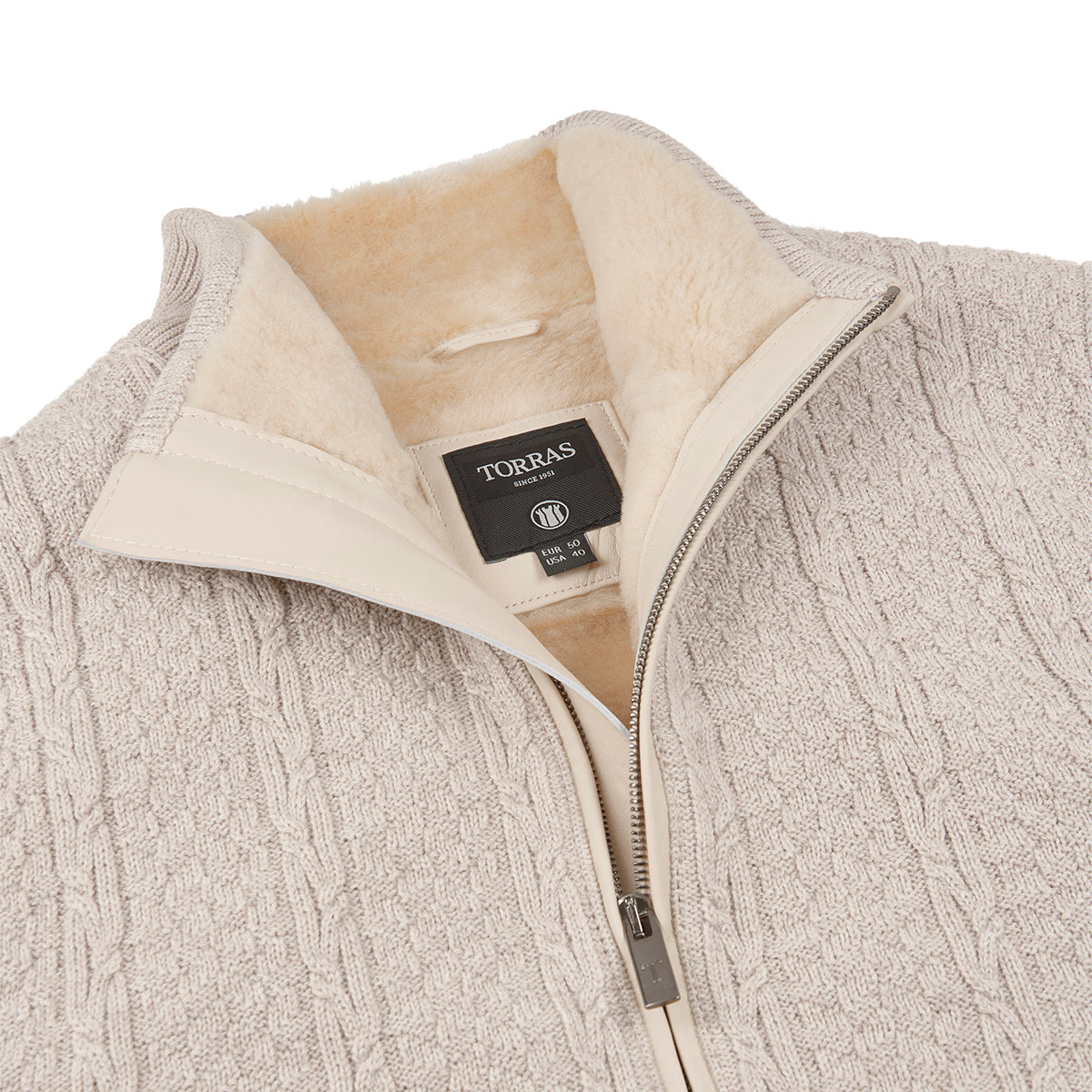Beige Wool Blend Cable Knit Gilet with Shearling Lining