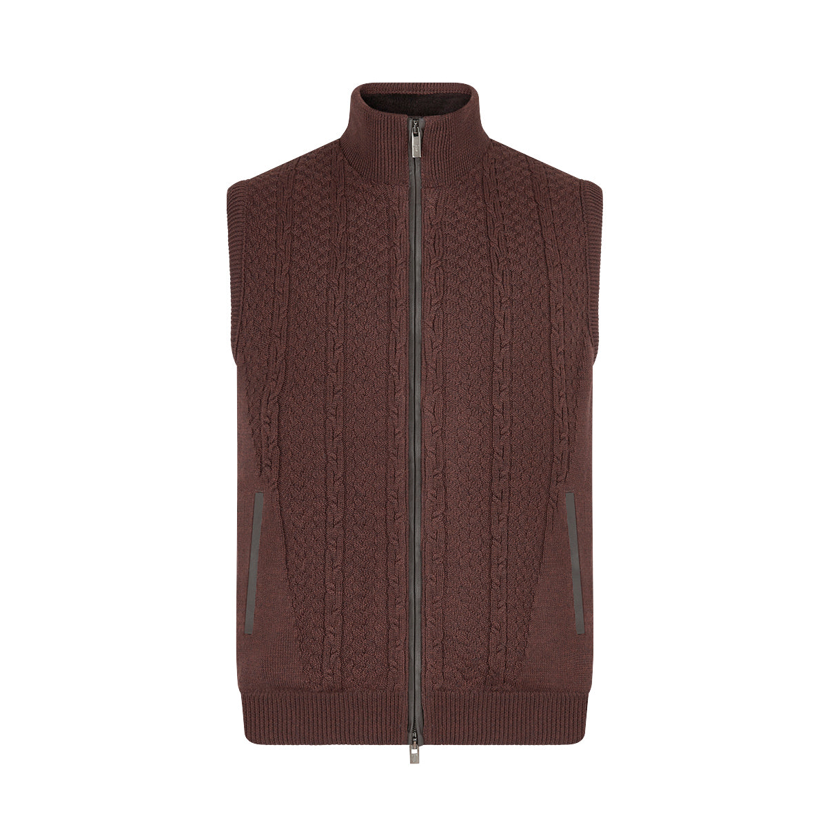 Dark Brown Wool Blend Cable Knit Gilet with Shearling Lining