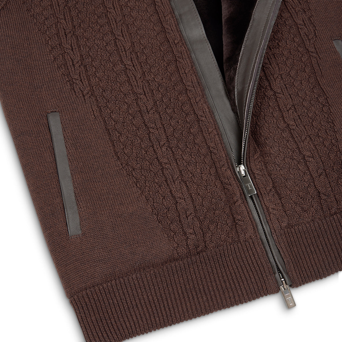 Dark Brown Wool Blend Cable Knit Gilet with Shearling Lining
