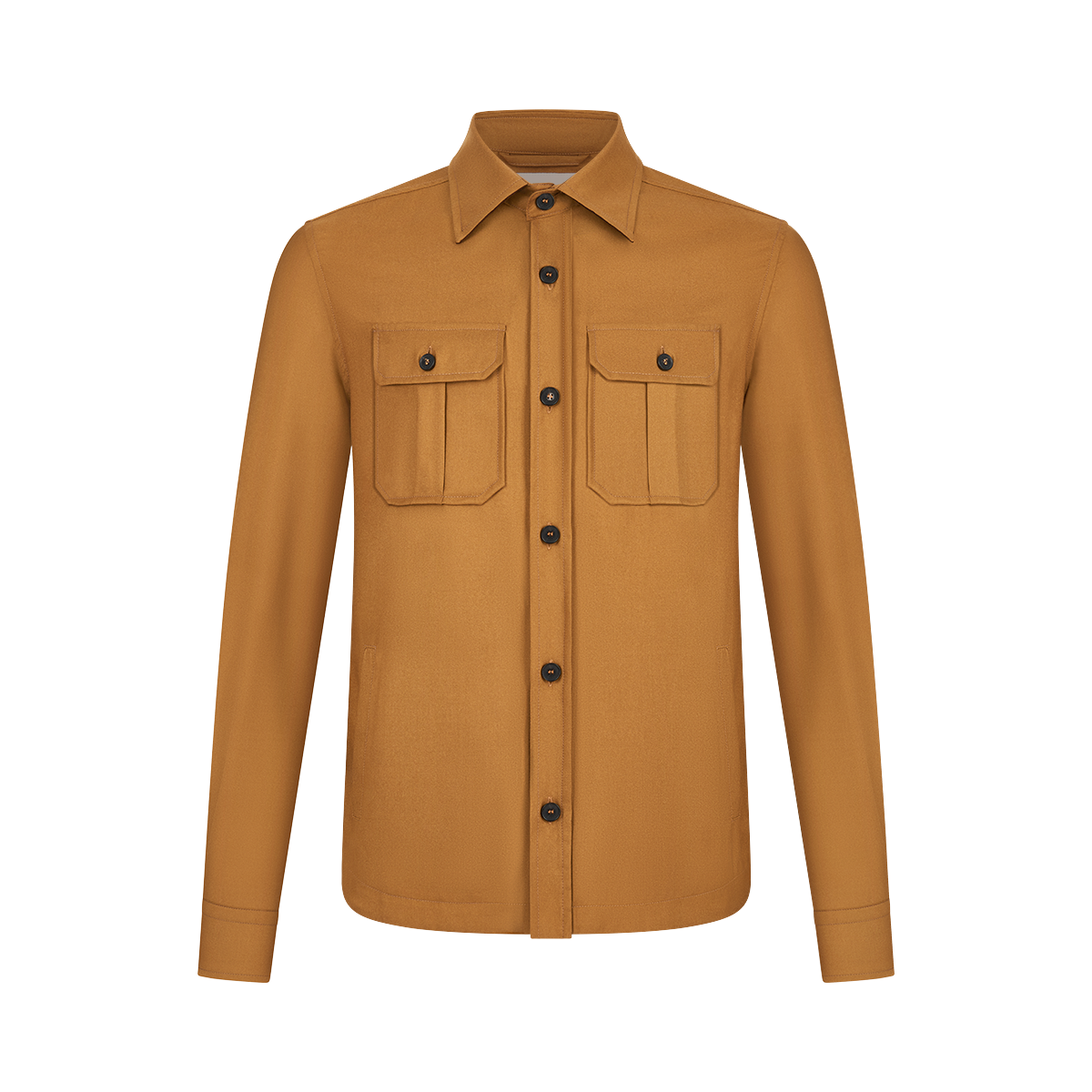 The Manto Camel Wool/Silk Gubbio Overshirt features long sleeves, a collar, two buttoned chest flap pockets, black accented buttons, and is made from quality materials, shown on a plain white background. , available at Richard Gelding Mayfair