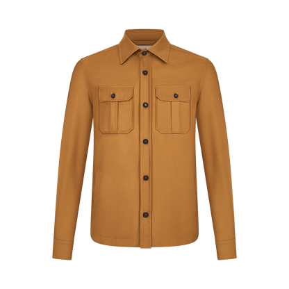 The Manto Camel Wool/Silk Gubbio Overshirt features long sleeves, a collar, two buttoned chest flap pockets, black accented buttons, and is made from quality materials, shown on a plain white background. , available at Richard Gelding Mayfair