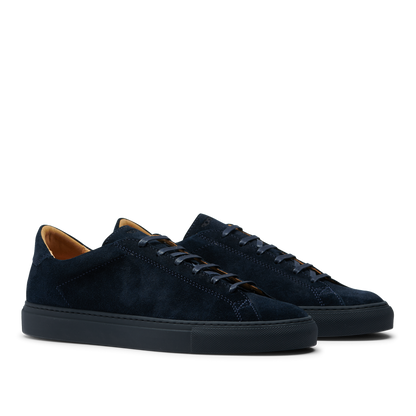 A pair of All Blue Suede Leather Racquet Sr sneakers by CQP with black laces and arch support on a white background.