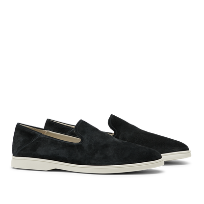 A pair of Black Suede Leather Vice Loafers by CQP with white soles.