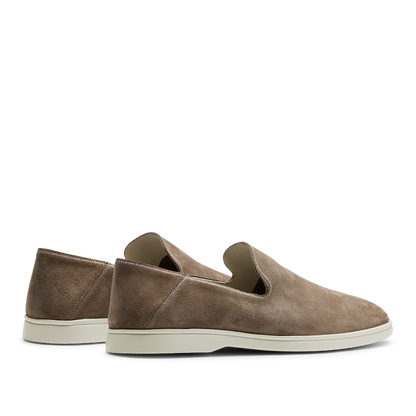 A pair of CQP Brown Tabac Suede Leather Vice Loafers with white rubber soles displayed against a white background.