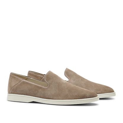 A pair of Brown Tabac Suede Leather Vice Loafers by CQP with white soles displayed against a neutral background.