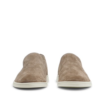 A pair of Brown Tabac Suede Leather Vice Loafers slip-on shoes with white soles, perfect for summer.