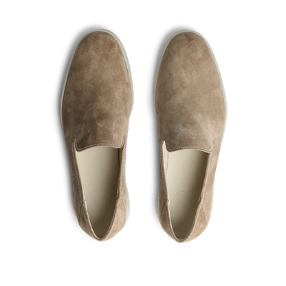 A pair of Brown Tabac Suede Leather Vice Loafers by CQP displayed top-down on a black background.