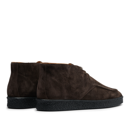 A pair of CQP's Chocolate Brown Suede Leather Plana Boots with crepe soles, shown from the back and side.