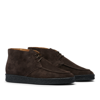 A pair of Chocolate Brown Suede Leather Plana Boots by CQP, featuring crepe soles and laces, showcased against a plain background.