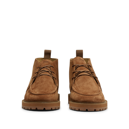 The Snuff Suede Leather Astra Dessert Boots by CQP showcase a luxurious brown suede upper, complemented by robust lace-up detailing and thick soles, beautifully captured from the front.
