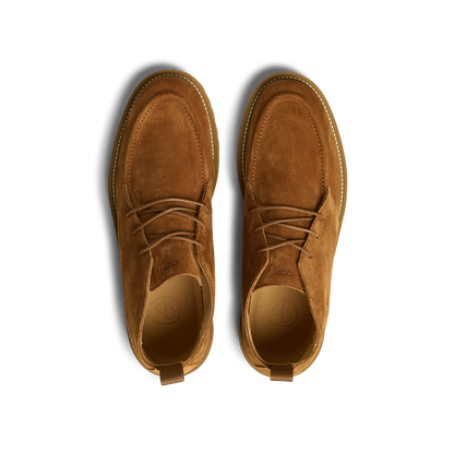 Top view of the Snuff Suede Leather Astra Dessert Boots by CQP, showcasing a brown suede design with laces, visible stitching, and refined leather detailing.