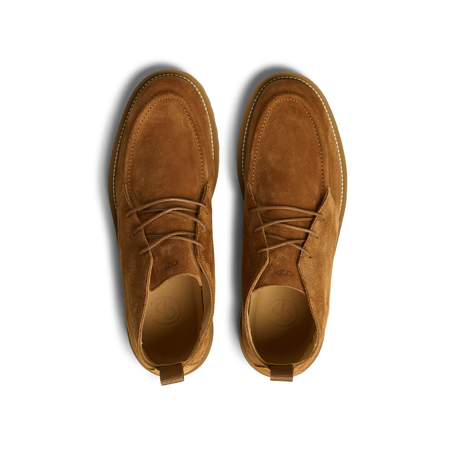 Top view of the Snuff Suede Leather Astra Dessert Boots by CQP, showcasing a brown suede design with laces, visible stitching, and refined leather detailing.