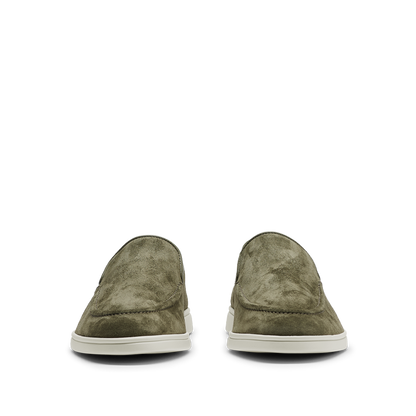 A designer pair of Juniper Green Suede Leather Debonair Slippers with white soles by CQP.
