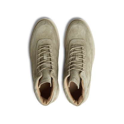 Top view of a pair of CQP Light Beige Suede Leather Sabulo Boots featuring a water-repellant upper and laces.