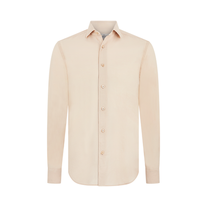 The Alessandro Gherardi Beige Muslin Beach Shirt, shown on a white background, features long sleeves, a classic collar, matching beige buttons, straight hem, and simple cuffs for a minimalist and formal look. , available at Richard Gelding Mayfair