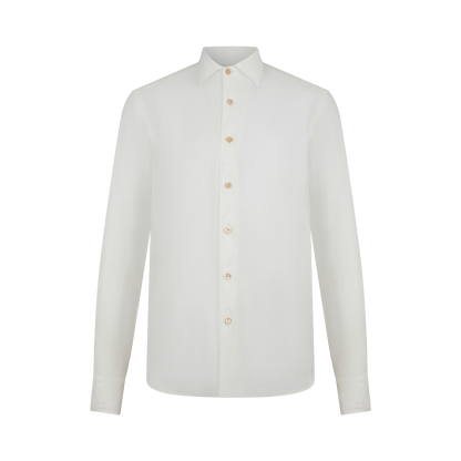 The Alessandro Gherardi White Linen Long Sleeve Shirt features a classic collar, light brown buttons, and a simple, elegant design with no pockets or patterns, shown on a plain white background. , available at Richard Gelding Mayfair