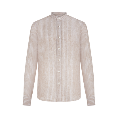 The Alessandro Gherardi Brown Stripe Linen Mandarin Collar Shirt features thin white vertical stripes, white front buttons, buttoned cuffs, and is shown on a plain white background. , available at Richard Gelding Mayfair