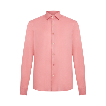 The Alessandro Gherardi Pink Muslin Cotton Blend Beach Shirt features long sleeves, a classic collar, white buttons, and buttoned cuffs. Its breathable fabric and elegant design make it perfect for summer. Pictured on a plain white background. , available at Richard Gelding Mayfair