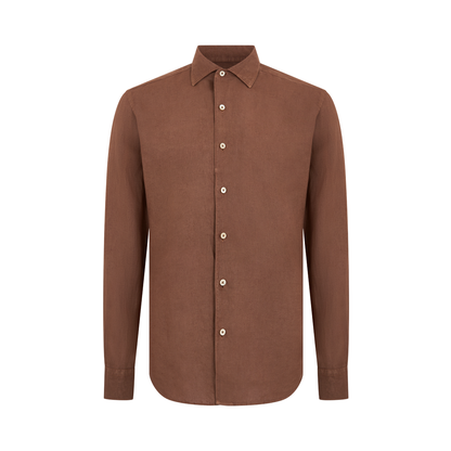 The Alessandro Gherardi Tobacco Brown Linen One Piece Collar Casual Shirt is shown facing forward with long sleeves, white buttons, buttoned cuffs, and a plain design against a white background. , available at Richard Gelding Mayfair