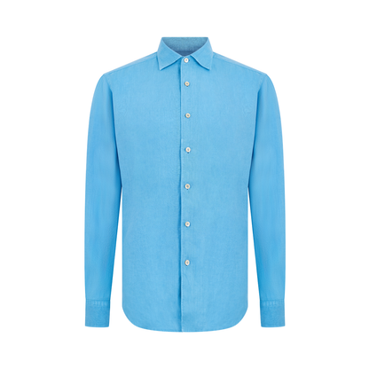 The Alessandro Gherardi Mid Blue Linen One Piece Collar Casual Shirt is shown facing forward on a white background, featuring long sleeves, a one-piece collar, and white buttons. , available at Richard Gelding Mayfair