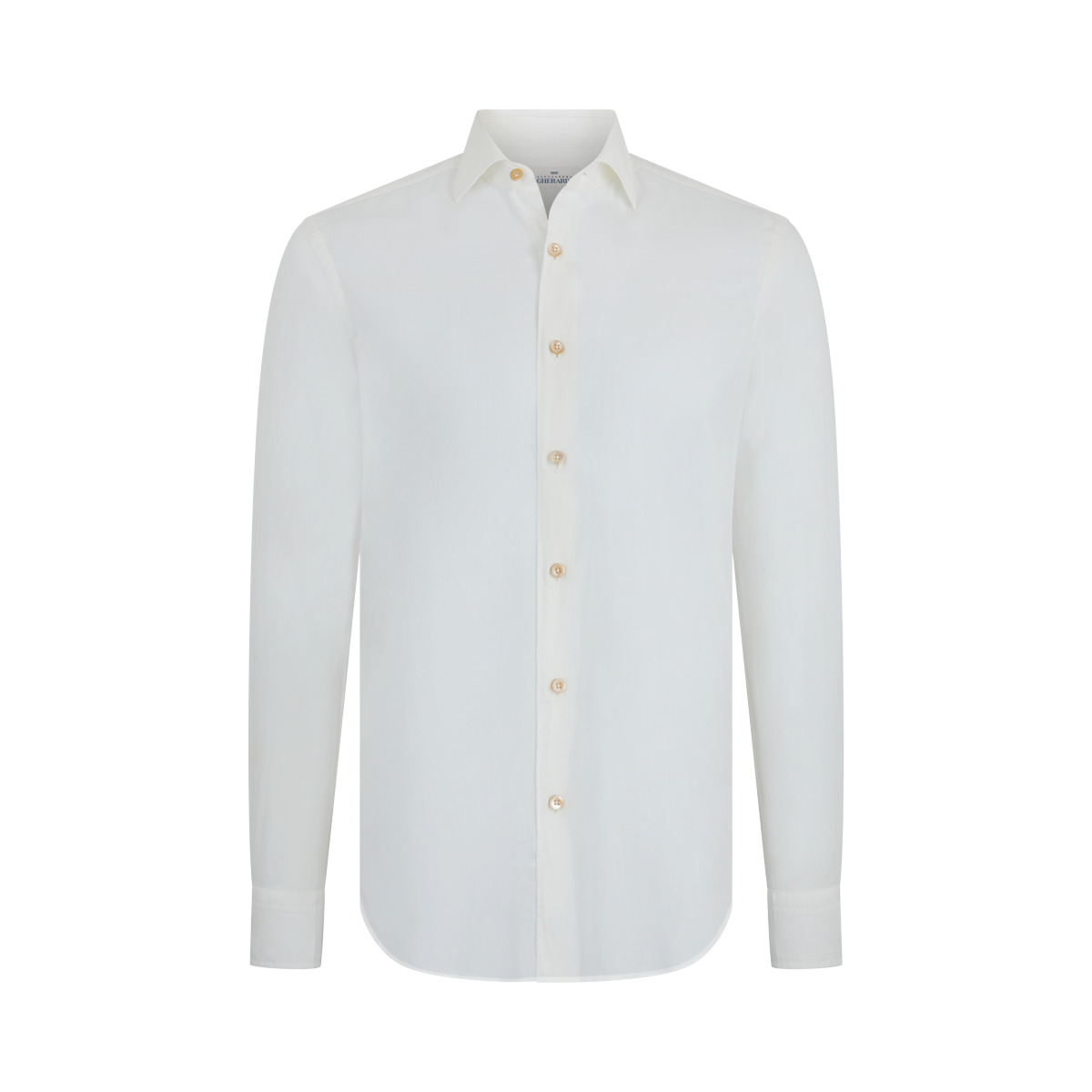 The Alessandro Gherardi White Muslin Beach Shirt features long sleeves, a classic collar, beige front buttons, and buttoned cuffs. It offers a clean, smooth look and is displayed against a white background. , available at Richard Gelding Mayfair