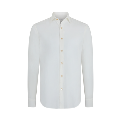 The Alessandro Gherardi White Muslin Beach Shirt features long sleeves, a classic collar, beige front buttons, and buttoned cuffs. It offers a clean, smooth look and is displayed against a white background. , available at Richard Gelding Mayfair