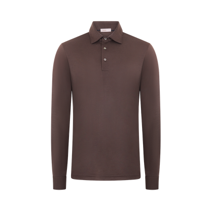Brown Wool Jersey Long Sleeve Polo