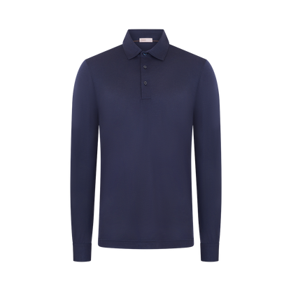 Navy Wool Jersey Long Sleeve Polo