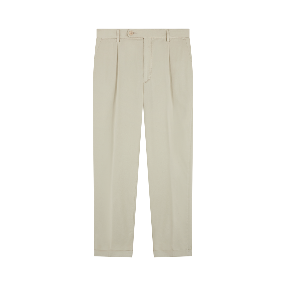 The Barmas Cream Cotton/Silk Stretch Waistband Chinos feature a classic, tailored fit with straight legs, button and zip closure, belt loops, and front pleats. Shown laid flat on a white background. , available at Richard Gelding Mayfair