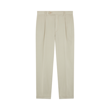 The Barmas Cream Cotton/Silk Stretch Waistband Chinos feature a classic, tailored fit with straight legs, button and zip closure, belt loops, and front pleats. Shown laid flat on a white background. , available at Richard Gelding Mayfair