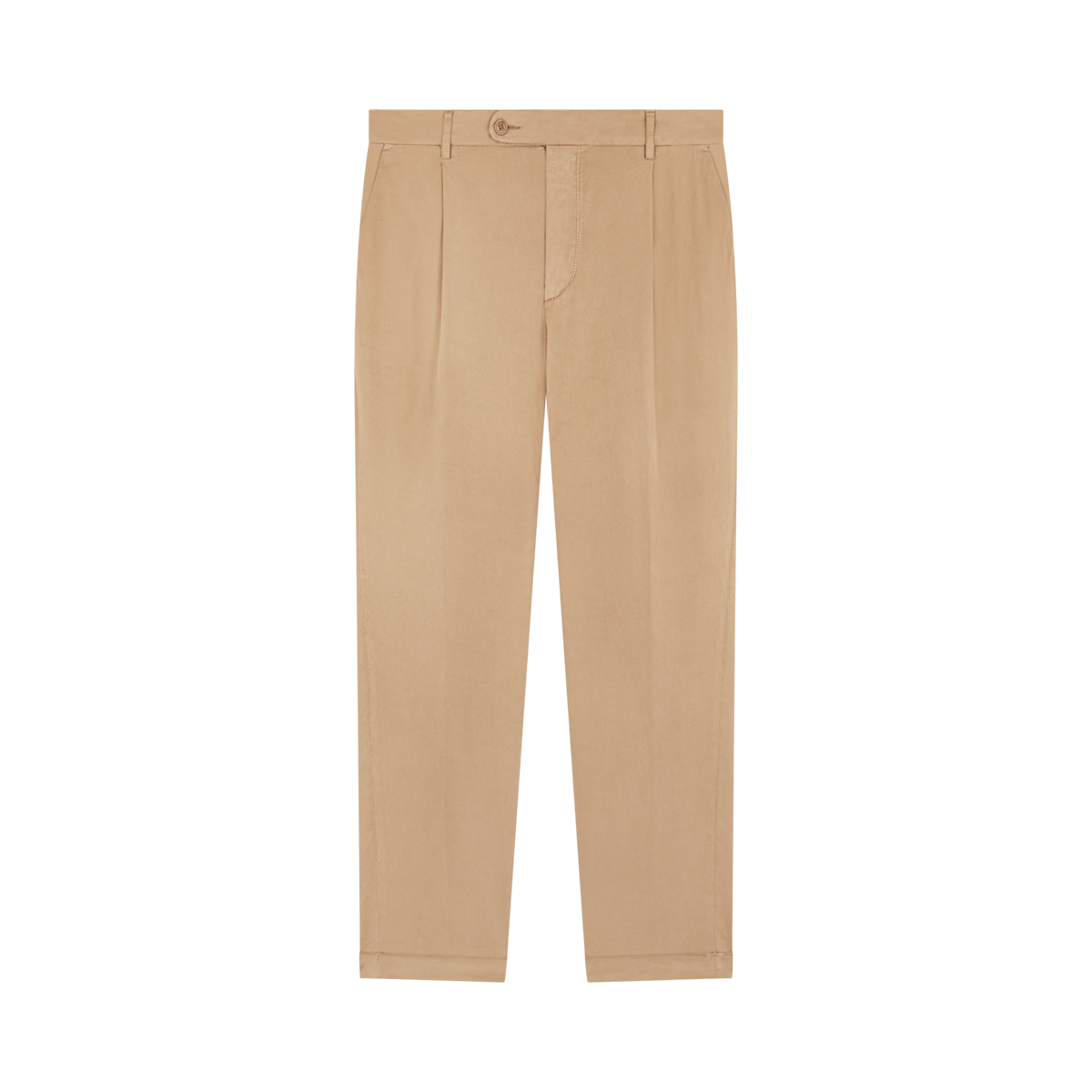 Barmas Beige Cotton/Silk Stretch Waistband Chinos, featuring a straight-leg cut, front button and zip closure, subtle pleats, and belt loops, laid flat on a white background. , available at Richard Gelding Mayfair