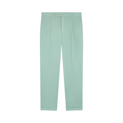 Barmas Aqua Green Cotton/Silk Stretch Waistband Chinos shown on a white background feature a classic fit, straight legs, front pleats, side pockets, belt loops, single button closure, and neat cuffed hem for a polished look. , available at Richard Gelding Mayfair