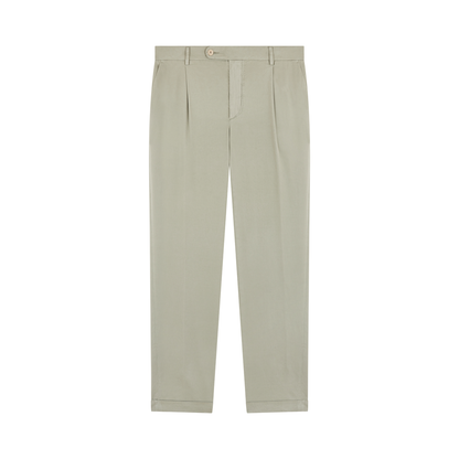 Sage green cotton/silk stretch waistband chinos by Barmas displayed flat on a white background, featuring a clean, classic tailored design with pleats at the waist and two side pockets. , available at Richard Gelding Mayfair
