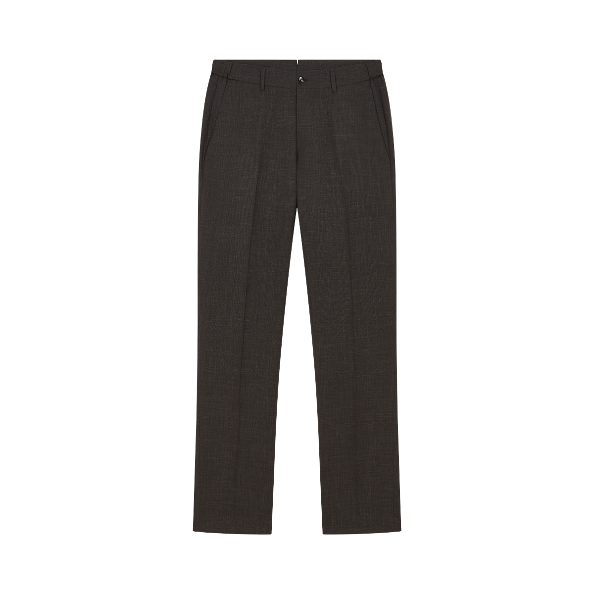 The Berwich Brown Wool Silk Linen Loro Piana Casual Trouser is displayed flat on white, featuring belt loops, button and zip closure, side pockets, sharp creases, and a straight leg for a classic look. , available at Richard Gelding Mayfair