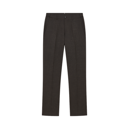 The Berwich Brown Wool Silk Linen Loro Piana Casual Trouser is displayed flat on white, featuring belt loops, button and zip closure, side pockets, sharp creases, and a straight leg for a classic look. , available at Richard Gelding Mayfair