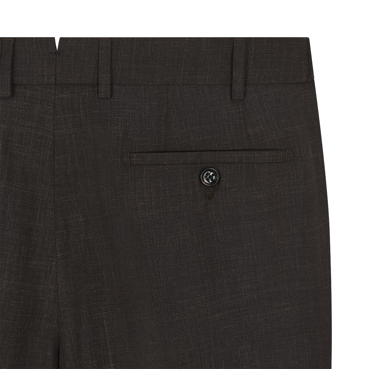 Close-up of the upper back of the Berwich Brown Wool Silk Linen Loro Piana Casual Trouser, featuring a single buttoned back pocket, textured fabric with belt loops, and set against a plain white background. , available at Richard Gelding Mayfair