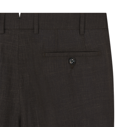 Close-up of the upper back of the Berwich Brown Wool Silk Linen Loro Piana Casual Trouser, featuring a single buttoned back pocket, textured fabric with belt loops, and set against a plain white background. , available at Richard Gelding Mayfair