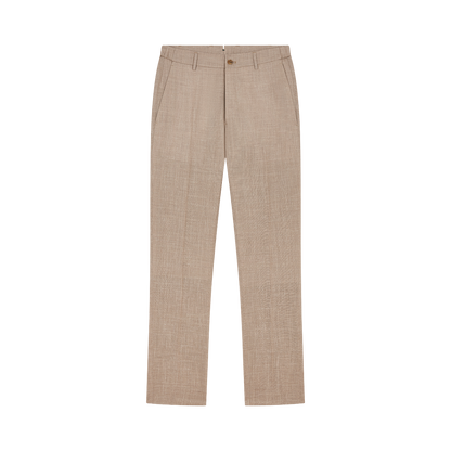 The Berwich Beige Wool Silk Linen Loro Piana Casual Trouser is shown flat on a white background, featuring a straight leg cut, belt loops, side pockets, a single button waist closure, and a subtle textured pattern. , available at Richard Gelding Mayfair