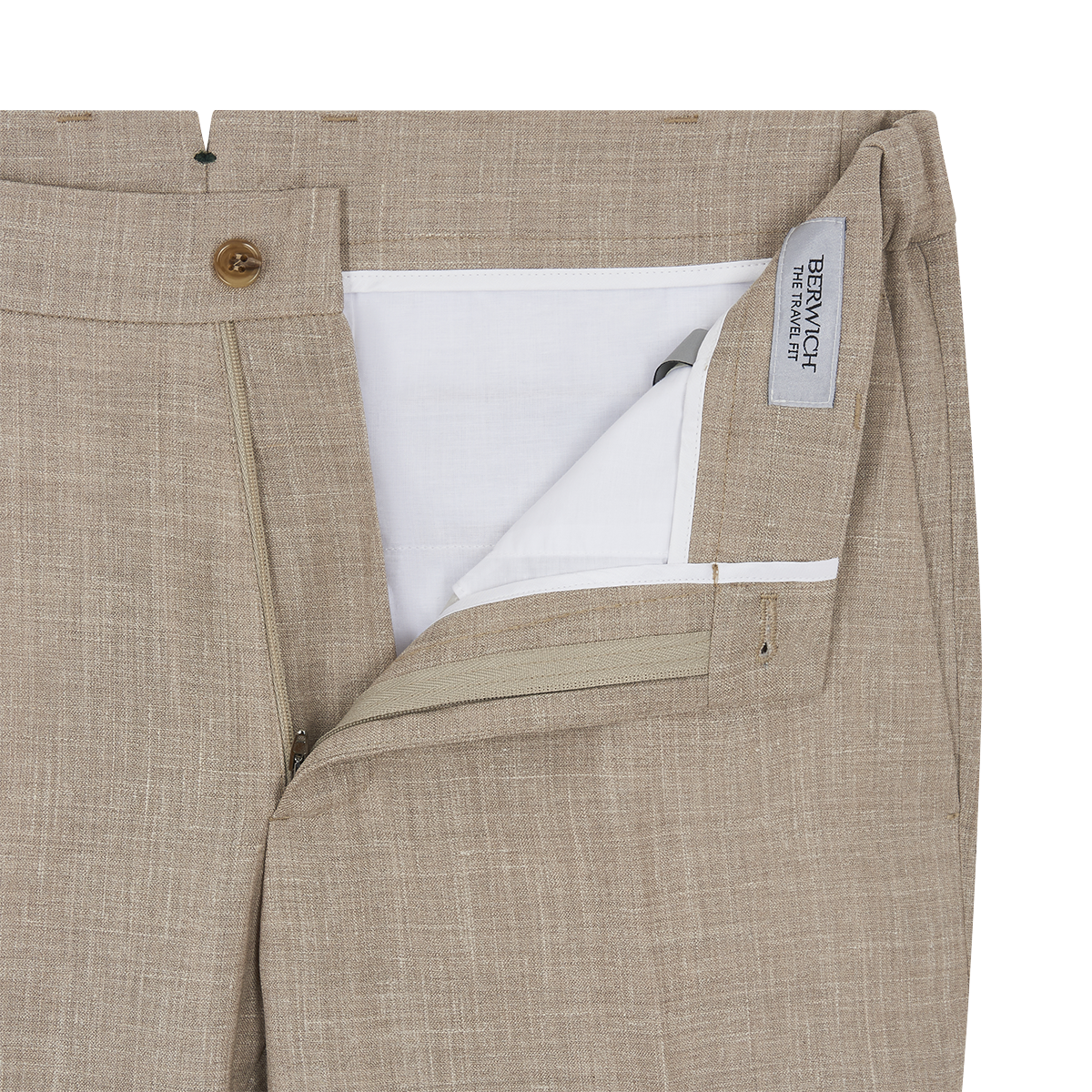 Close-up of the Beige Wool Silk Linen Loro Piana Casual Trouser by Berwich, showing zipper fly, wooden button, visible white pocket lining, inner gray "BERWICH" label on waistband, and detailed fabric texture. , available at Richard Gelding Mayfair