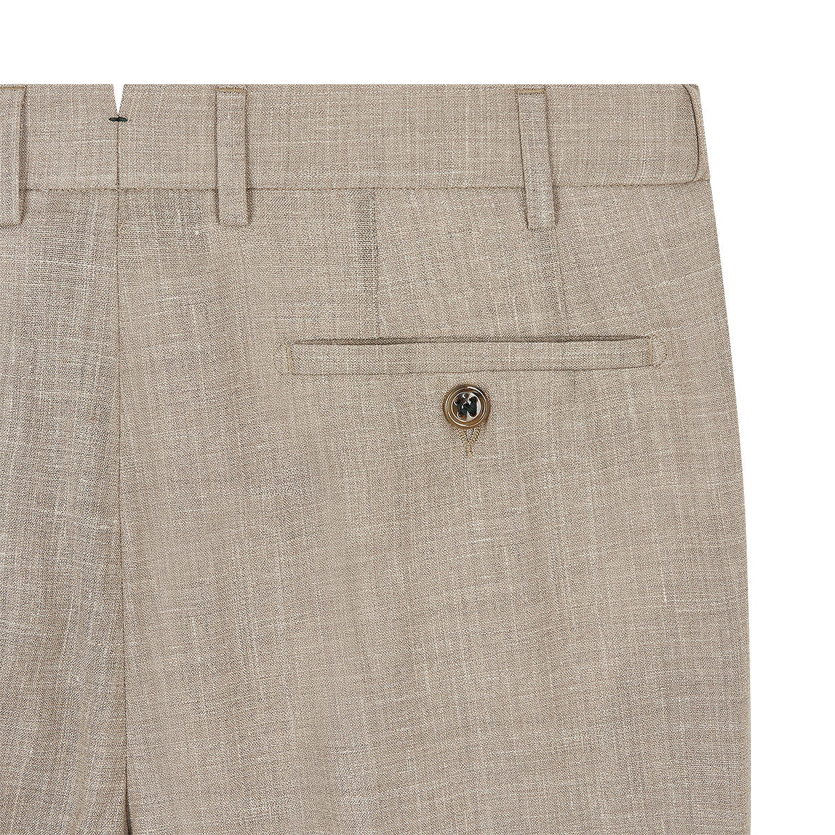 Close-up of the back of Berwich Beige Wool Silk Linen Loro Piana Casual Trouser, showing a single welt pocket with button, belt loop above, and a refined woven texture for sophisticated style. , available at Richard Gelding Mayfair